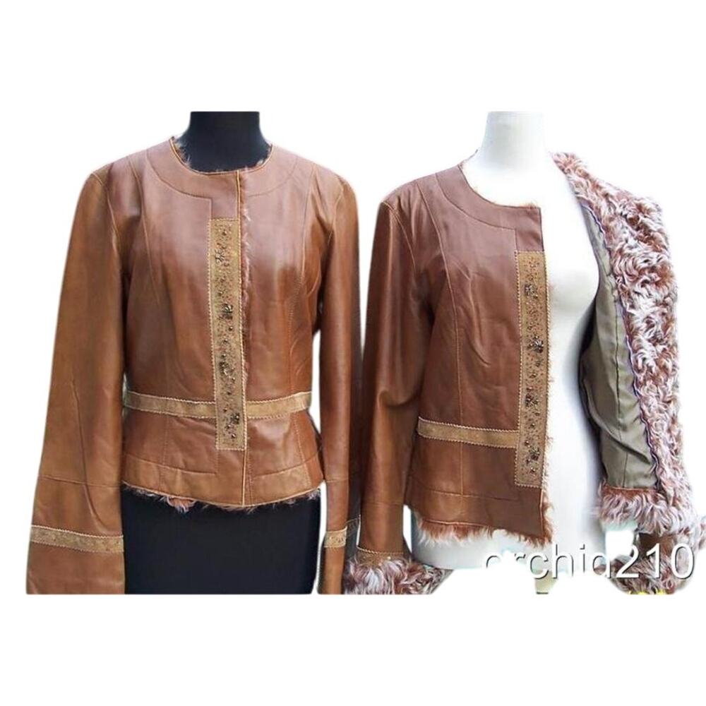 Cache Lamb Leather Lamb Fur Trim Suede Jacket Coat Lined Embellshed NWT $598